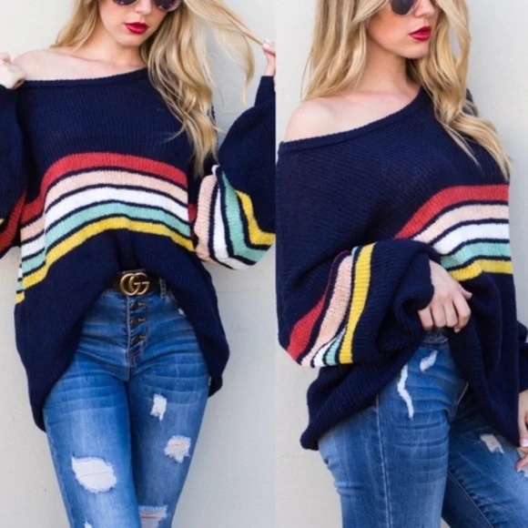 #4 - Cozy Navy Striped Oversized Sweater Top - Picture 2 of 3